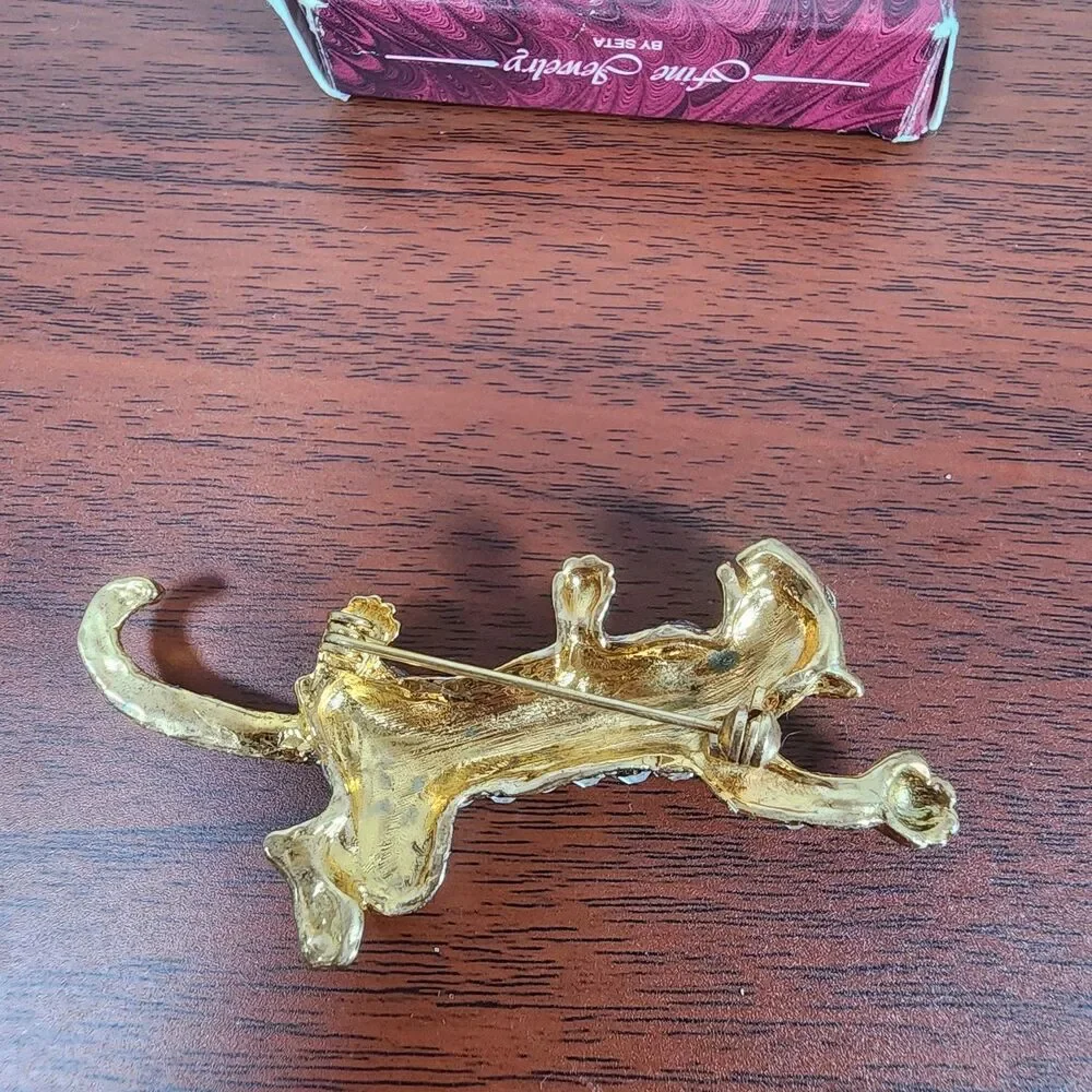 Vintage Gold Tone Clear Rhinestone Leopard Brooch